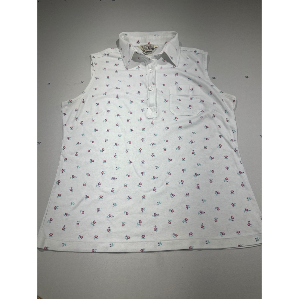 Vintage Sears The Fashion Place Sleeveless Floral Polo Shirt White Pink Size 20